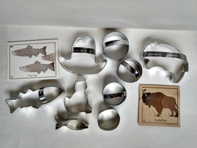 Lot of 9 Western Cowboy Hat Buffalo Fish Cat Round Metal Cookie Cutters Vintage