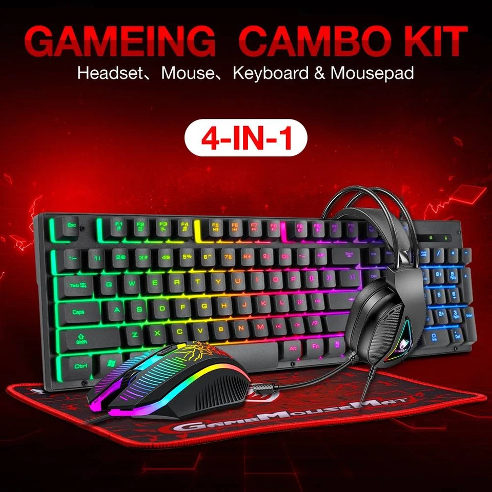4 in 1 PC Gaming Keyboard Mouse Headset Headphone Mousepad  Rainbow LED Backlit - Image 3 of 4