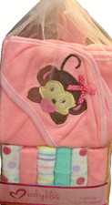 Baby Kiss Hooded Towel  6 Washcloths Gift Set Pink Monkey for Baby Girl   847