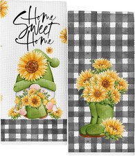 Gnome Home Sweet Home Kitchen Towels Sunflower Dish Towels 16x24 Inches Set of