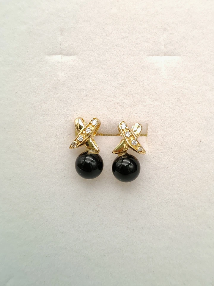 Orecchini donna pallino nero vera agata argento 925 plac oro giallo elegante - Immagine 3 di 4