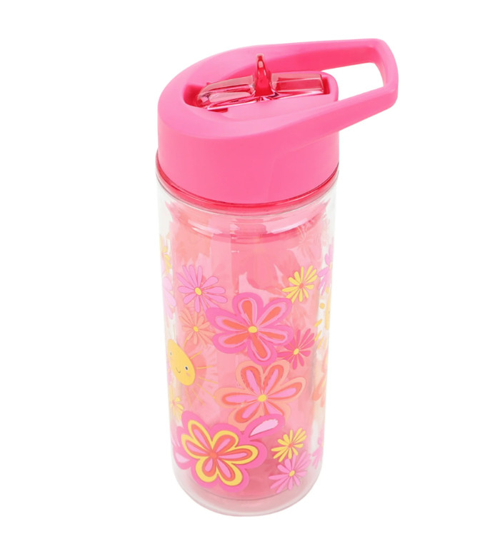 Set of 2 14 oz Double Wall Insulated Plastic Water Bottles with Straw & Lid