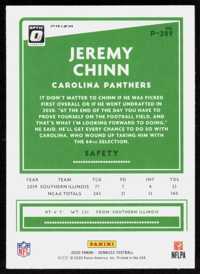 2020 Donruss Optic Jeremy Chinn Rookie Red Green Choice Prizm Panthers RC - Image 2 of 2