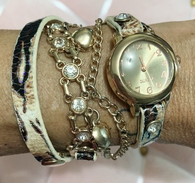 New Gold Tone Quartz Triple Wrap/Long Double Wrap Snake Print Watch Bracelet