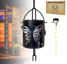 U-nitt 8.5' Metal Rain Chain, Rose Butterfly Cut-Out, Powder Coated, Solar