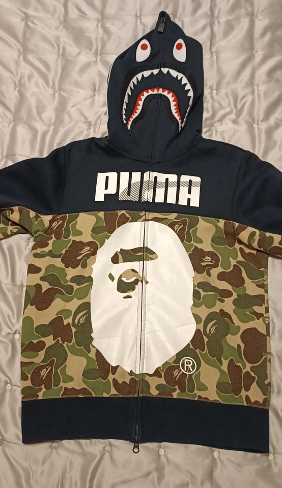 Sweat à capuche requin camouflage BAPE X Puma noir/gris KHAK S rare un collab... - Photo 3/4