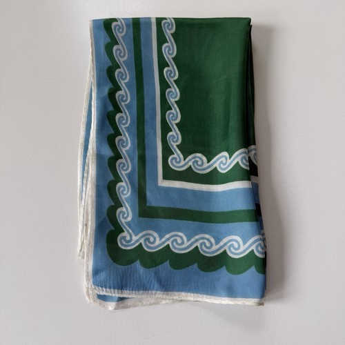 Vintage Green Blue Wave Border Oblong Scarf 41” Maximalist Mod Print No Tag - Picture 7 of 10