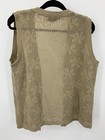 Beige open-front knit sweater vest with floral lace pattern and scalloped edges, displayed on black hanger.