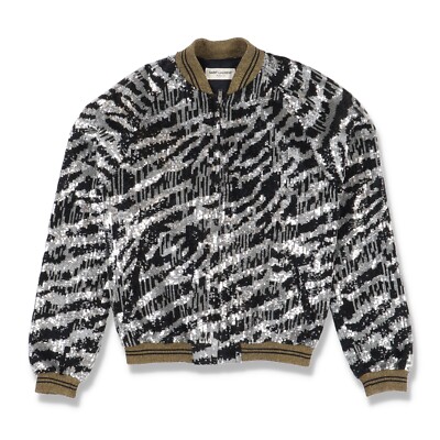 Saint Laurent Paris Black and Silver Zebra Sequined Raglan Bomber