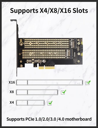 Adattatore SSD JEYI per NVMe Dual M.2 PCIe X4 X8 X16 4.0 NGFF SSD, NVME e SATA - Foto 10 di 12