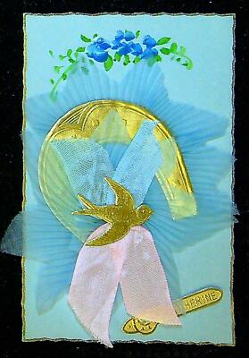 Old postcard fantasy - St. Catherine, added ribbon and horseshoe, bird