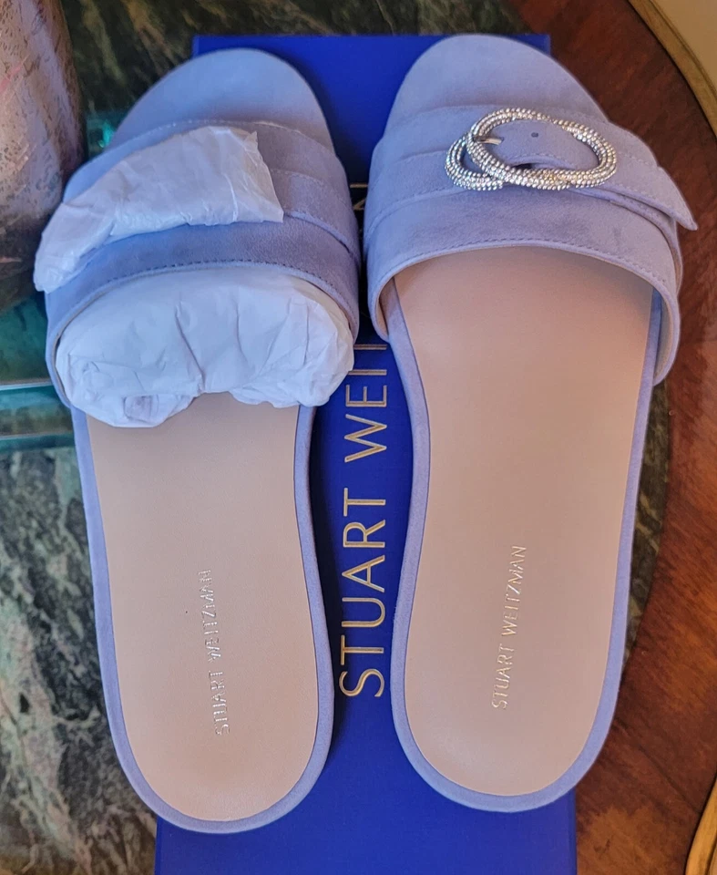 $395 NIB Stuart Weitzman Blue Suede Crystal Buckle Slide Flat Sandals SZ 9 - Image 3 of 4