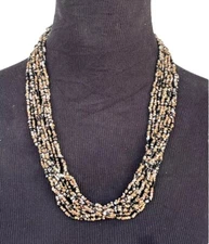 Vtg Necklace MultiStrand Seed Bead Gold Silver Copper Black Tone Beads Hook Clsp