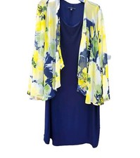 Tiana B Long Sheer Sleeve Yellow Floral Print Top Midi Dress Navy Blue sz 14 W