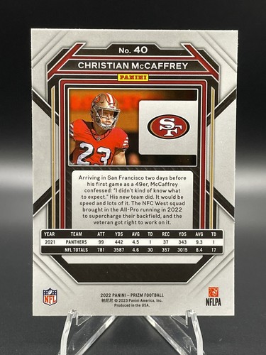 2022 Panini Prizm Christian McCaffrey #40 Base Panthers San Francisco 49ers - Picture 2 of 2