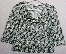 I.N. Studio Top Women Petite Medium PM Floral 3/4 Sleeve Blouse Cowlneck Stretch
