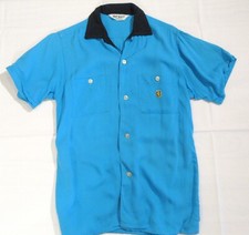 50S VINTAGE S SHIRT 2 TONE RAYON GABARDINE AQUA BLUE BOWLING NAT NAST CREST S55