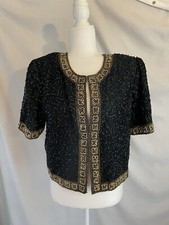 Laurence Kazar Silk Beaded Jacket L Sequins Black Gold Lined