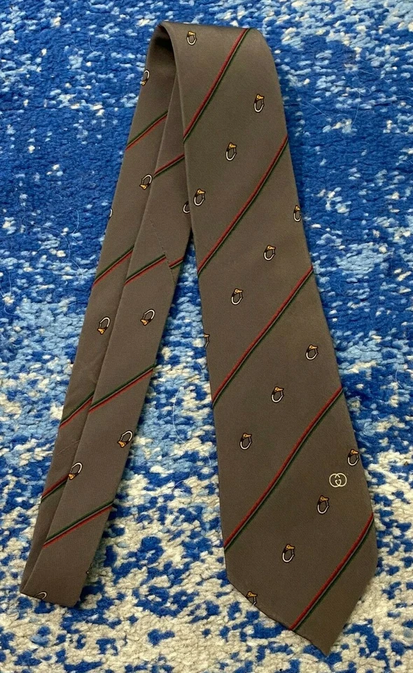 Vintage Gucci Gray Red Green Black Bias Stripes Logo Equestrian Necktie Italy - Image 2 of 4