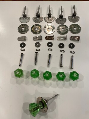 HTF Set of 6 Metal Depression Glass Turn Mechanisms + 1 Green  DG Uranium Knob