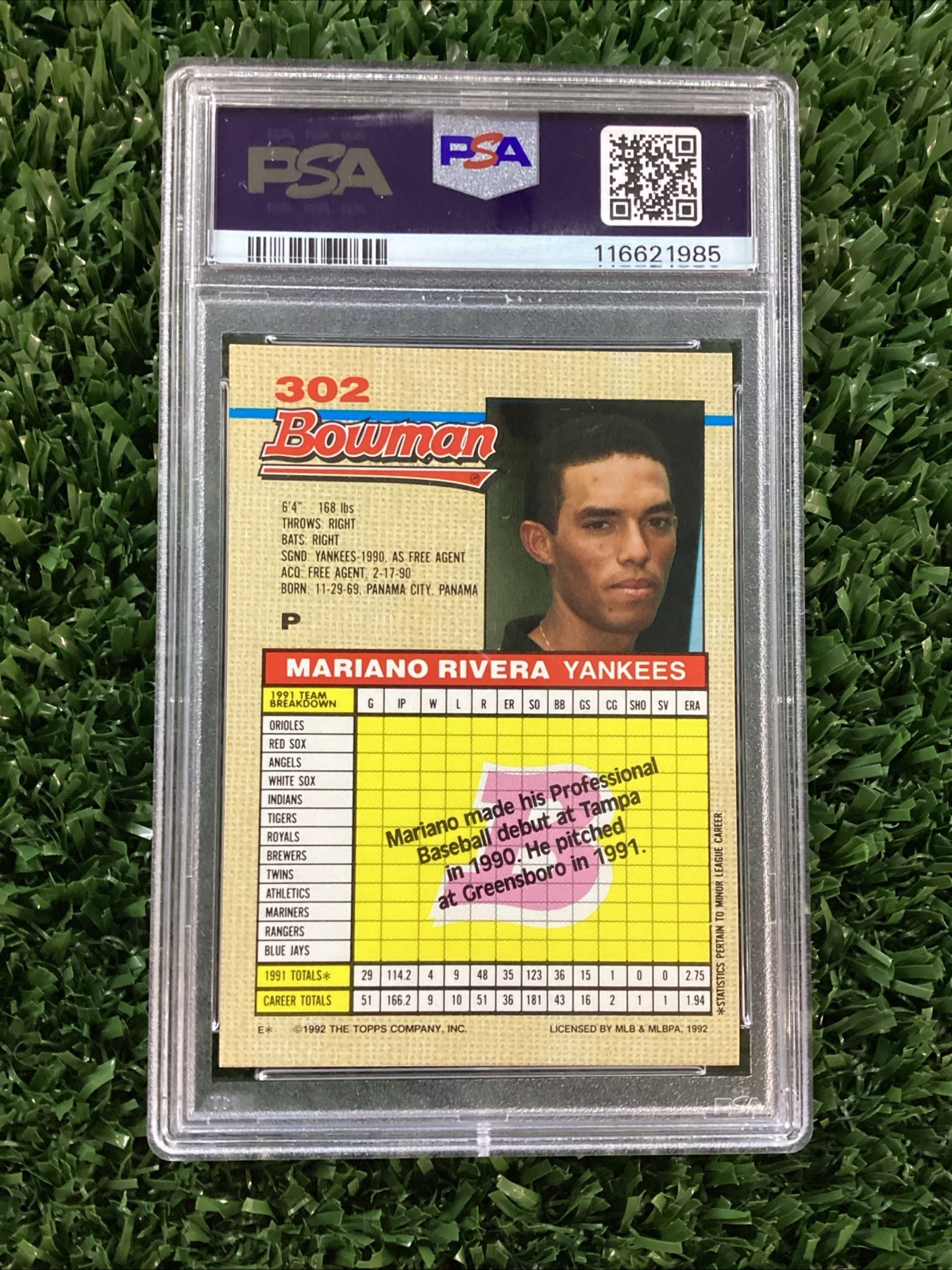 Mariano Rivera 1992 Bowman #302 E* PSA 9 (RC) HOF New York Yankees -MC view 3