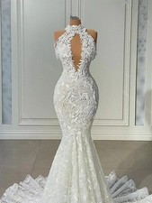 Luxury Halter Neck Mermaid Wedding Dresses Lace Appliques Backless Bridal Gown
