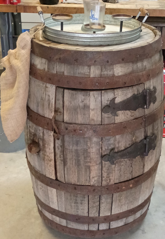 Rustic Round Wooden Bar Cabinet with Hinged Door, Wheels, Wine Bottle Storage