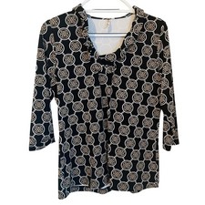 Lulu-B Size M UPF 50 Ruffle Neck 3/4 Sleeve Stretch Top Black Tan White Print