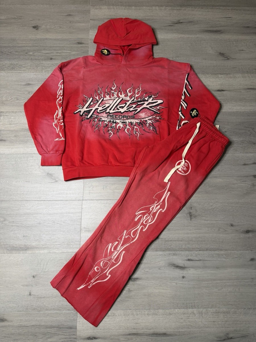 Hellstar Red Graphic Print Hoodie & Track Pants Sweatsuit Set for
