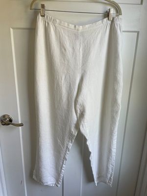 #ad FLAX Linen Pants White Tapered Crop Ankle Lantern Pull On Oversized Lagenlook L $48.00