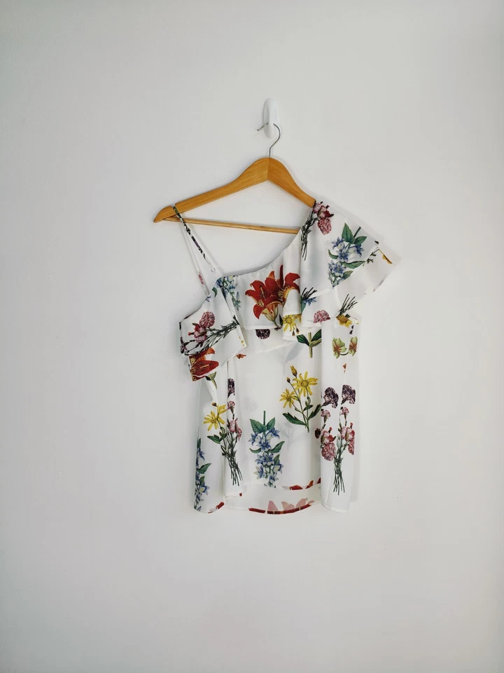 Selected Femme Size 10 Blouse One Shoulder White & Mixed Floral Print Summer - Image 4 of 4