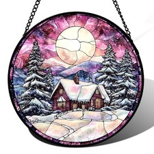 Stained Glass Window Hanging Winter Snow Scene Cabin Moon Sun Catcher Door Decor