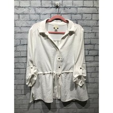 Womens XL Office Siren Textured Roll Tab Sleeve Button Front En Focus Studio Top