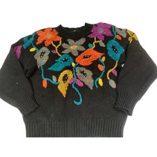 90s 80s Vintage Floral Embroidered Sweater Medium Chunky Knit women's M boho