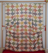 Authentic Japanese Kimono Silk Furisode Beige Colored Diamonds Gold Textile Art