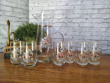 Set of 6 Vintage West Virginia Glass Company Floral Drinking Glasses & Pitcher
