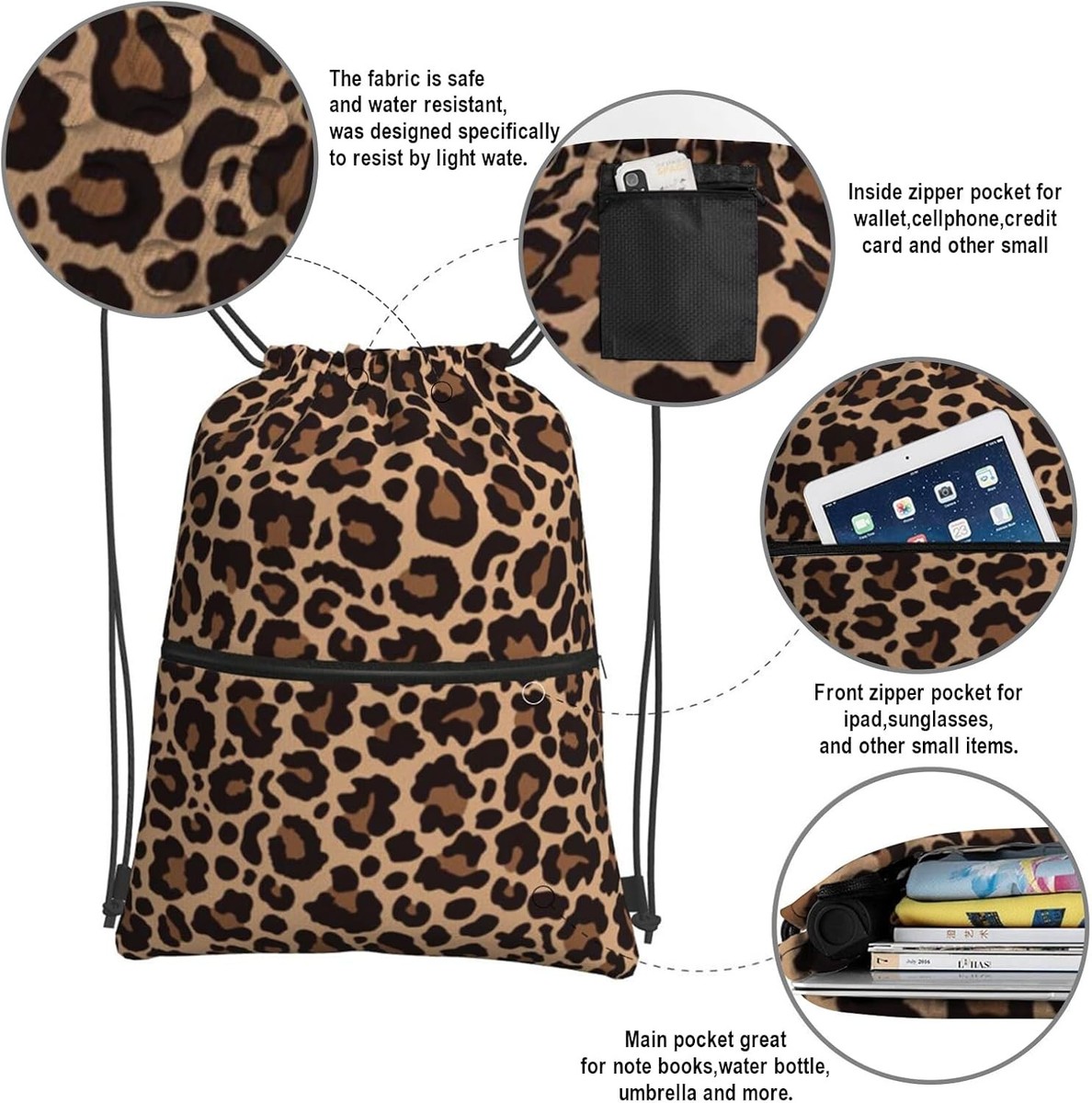 Leopard Printing Drawstring Backpack Bag Sport Gym Sackpack