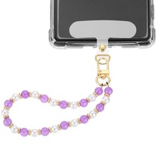Phone Wrist Strap, Pearl Beaded Phone Charm with Tether Tab, Light Purple White