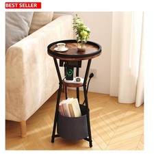 Round Side Table Charging Station 3 Tier Industrial Rustic Brown Metal Usb 70 Lb