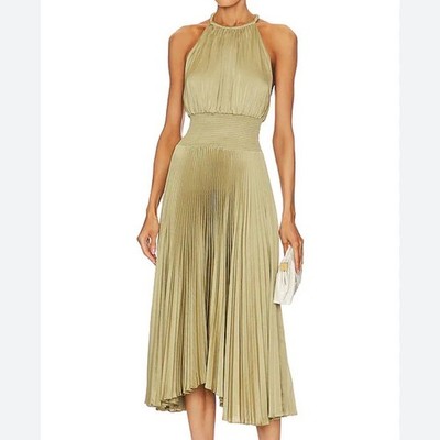 ALC Renzo II Pleated Midi Dress Olive Green Designer Luxury Halter Neck Size 14