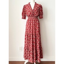 Max Studio Red Retro Print Boho Maxi Dress Size S Ruffles Smocked Tiered Cottage
