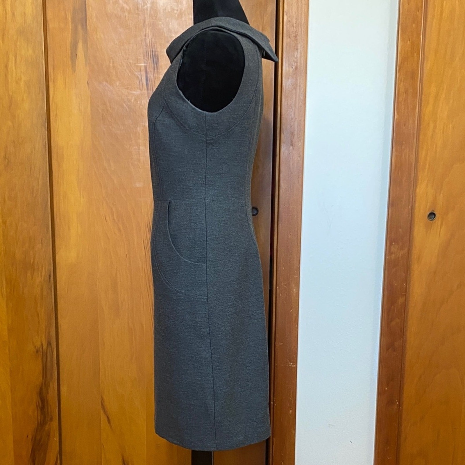 David Meister Gray Sleeveless Midi Dress Pockets Zip Back Office Workplace Fall