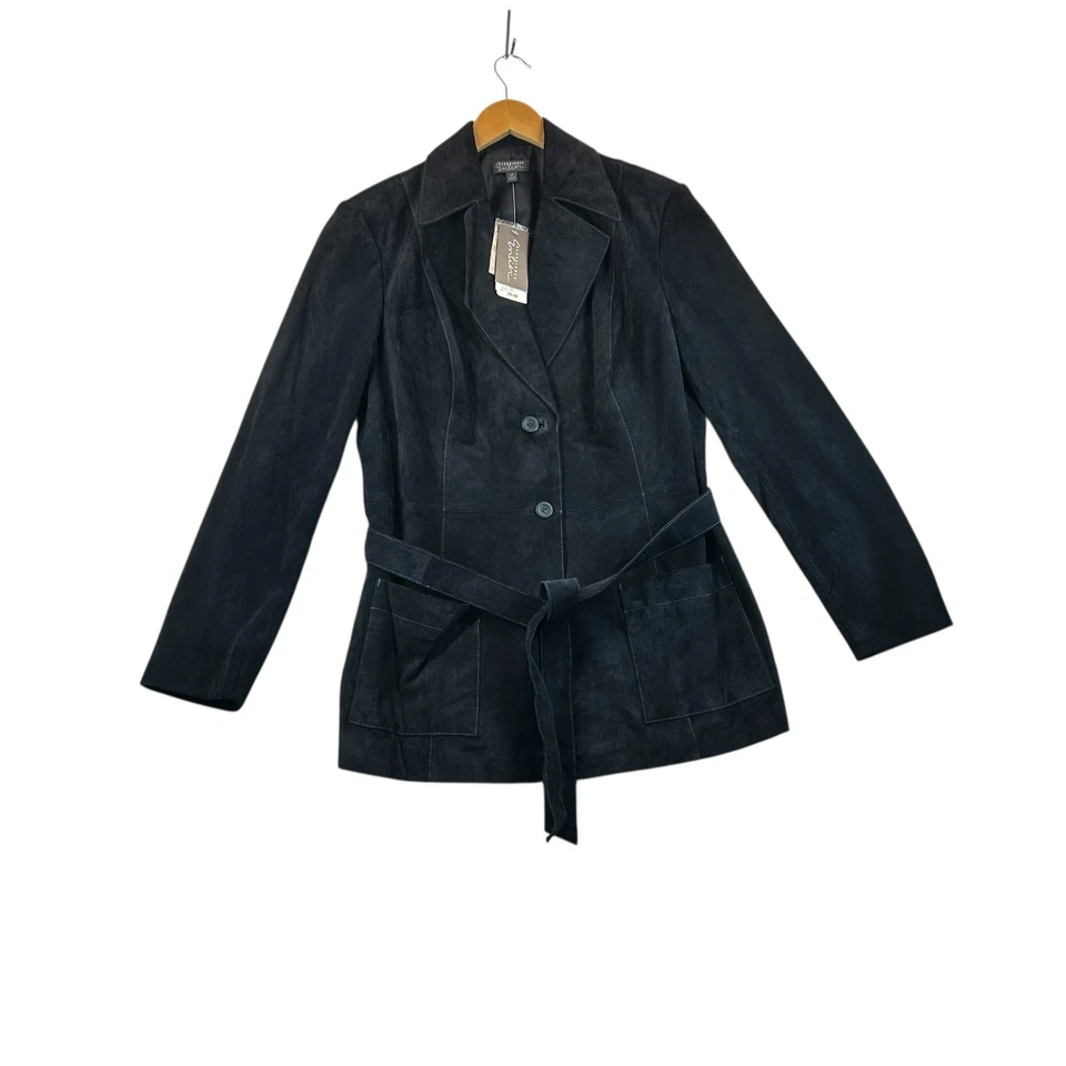Classiques Entier Suede Leather Jacket Womens 14 Black Topstitching Belted NOS - Image 2 of 4