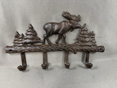 Rustic Moose & Pine Tree Metal Wall Mounted Coat Hat Rack with 4 Branch Hooks
