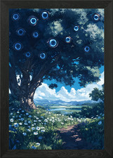 A tree of eyes watches over a quiet Framed Wall Art Poster Canvas Print Picture