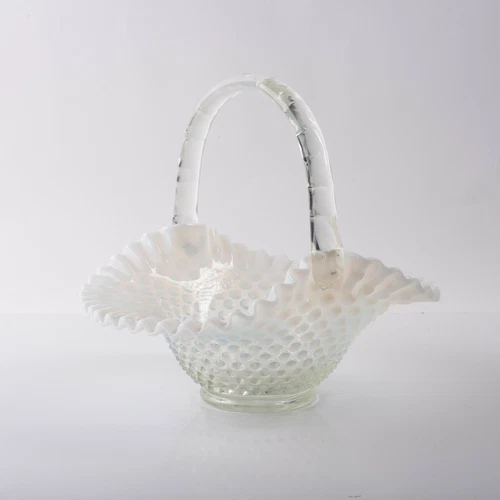 Fenton Opalescent Pale Blue White Hobnail Basket Clear Bamboo Handle 9 in Large