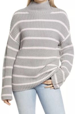 Caslon Shaker Mock Neck Sweater In Grey- Pink Stripe size L NWT