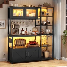 Bakers Rack with Power Outlet, 8 Hooks & LED Light, Farmhouse Coffee Bar Cabinet