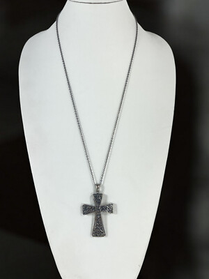 Layered Two-Plate Cross Pendant Necklace with Gray Crystal Beads   Gunmetal