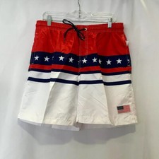 Exist Mens Elastic Waist Flag Stretch Red Blue White Swim Trunk Shorts